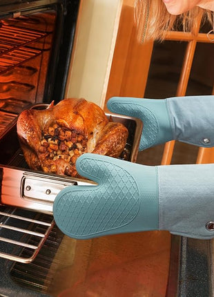 Professional Microwave Silicone Oven Mitts one Pair, Kitchen Mitten Set for Heat Resistant with 500 Degrees, Kitchen Gloves Pot Holder for BBQ Cooking Baking (Light Blue)