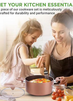 NutriChef 13 Pcs. Nonstick Kitchen Cookware PFOA/PFOS-Free Heat Resistant Kitchenware Set w/Saucepan, Frying Pans, Cooking Pots, Casserole, Lids, & Utensils, Brown, NCCWA13BR