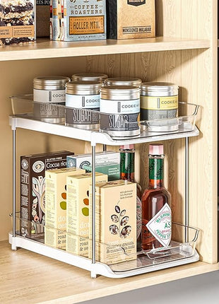 Delamu 2-Tier Multi-Purpose Bathroom Under Sink Organizers and Storage, Stackable Kitchen Pantry Organization, Pull Out Medicine Cabinet Organizer with Movable Dividers, White, 1 Pack