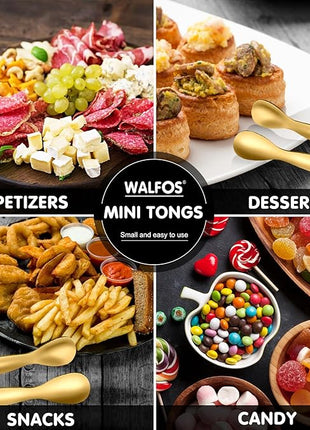 Walfos Small Gold Tongs For Serving,Food Grade Stainless Steel 4" Mini Tongs Appetizers for Parties Catering, Sugar，Desserts，Tea Party, Coffee Bar, Set of 12 （Gold）