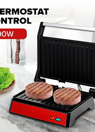 OVENTE Electric Indoor Panini Press Grill and Sandwich Maker with Non-Stick Coated Plates, Cool-Touch Handle and Removable Drip Tray, Opens 180 Degrees to Fit Any Type or Size of Food, Red GP0540R