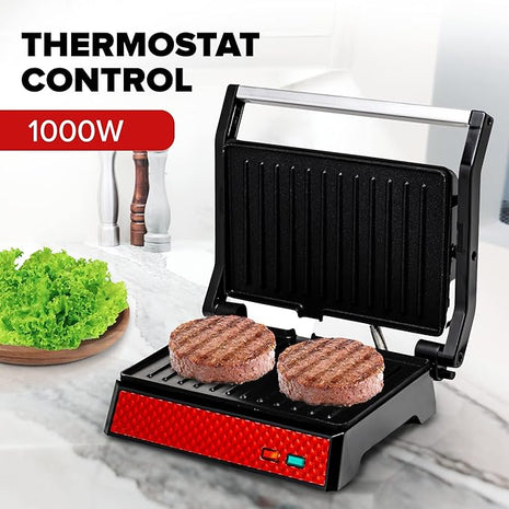 OVENTE Electric Indoor Panini Press Grill and Sandwich Maker with Non-Stick Coated Plates, Cool-Touch Handle and Removable Drip Tray, Opens 180 Degrees to Fit Any Type or Size of Food, Red GP0540R