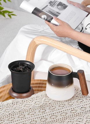 ZENS Tea Mug with Infuser and Lid for Loose Leaf Tea Steeper, 14.5 oz Embossed Ceramic Tea Cup with Fine Strainers and Wood Handle, Diffusers Accessories for Tea Lovers Gifts