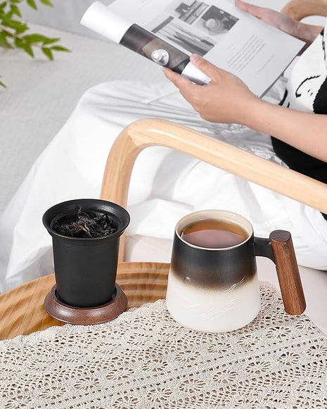 ZENS Tea Mug with Infuser and Lid for Loose Leaf Tea Steeper, 14.5 oz Embossed Ceramic Tea Cup with Fine Strainers and Wood Handle, Diffusers Accessories for Tea Lovers Gifts