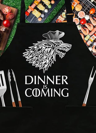 Grill Aprons for Men Women, Dinner is Coming Kitchen Chef Apron with 2 Pockets and 40" Long Ties, Adjustable Bib Apron for Cooking, BBQ, Baking, Gardening, Black