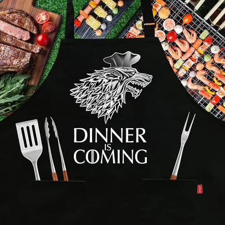 Grill Aprons for Men Women, Dinner is Coming Kitchen Chef Apron with 2 Pockets and 40" Long Ties, Adjustable Bib Apron for Cooking, BBQ, Baking, Gardening, Black