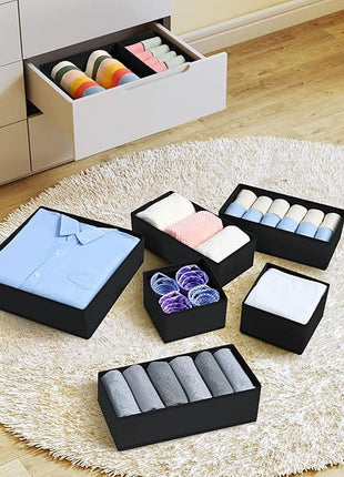 DIMJ Drawer Organizer Clothes 6 Pack - Foldable Baby & Nursery Organization Dresser Dividers for Bedroom, Closet - Black
