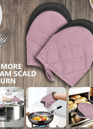 1 Pair Short Oven Mitts - Silicone Kitchen Oven Gloves High Heat Resistant 500℉, Mini Oven Mits with Non-Slip Grip Surfaces and Hanging Loop for BBQ, Baking, Cooking and Grilling (Pink)