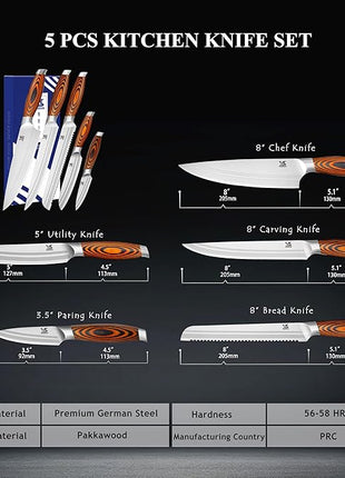 MSY BIGSUNNY 5pcs Knife Set Kitchen Utensils Knife, German Stainless Steel Professional Chef Kitchen Knife Set, Tang Series