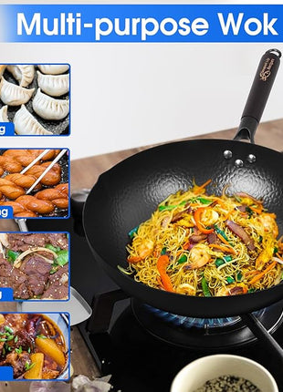 12.5 Inch Carbon Steel Wok For Electric, Induction and Gas Stoves (Lid, Spatula and User Guide Video Included)