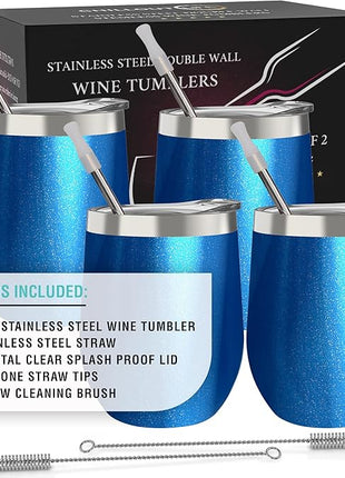 CHILLOUT LIFE 12 oz Stainless Steel Wine Tumblers 4 Pack - Double Wall Vacuum Insulated Wine Glasses Cups with Lids and Straws Set Keeping Cold & Hot for Coffee, Beer, Ice Cream - Blue Sparkle