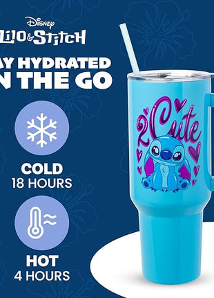 Silver Buffalo Disney Lilo and Stitch “2 Cute” Stainless Steel Tumbler with Handle, Fits in Standard Cup Holder, 40 Ounces (Pack of 12)