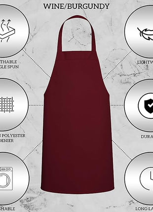 GREEN LIFESTYLE 12 Pack Professional Chef Apron – Grilling Aprons for Men, Waterproof Cooking Apron for BBQ, Work or Restaurant Use, Kitchen Aprons for Women – Burgundy, No Pockets