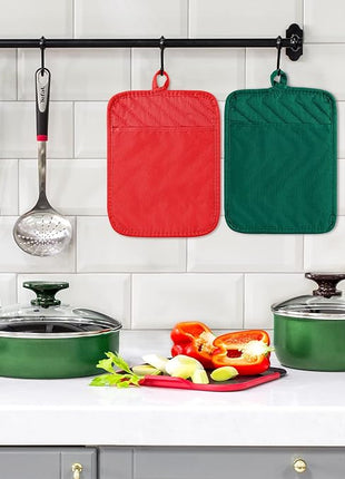 GROBRO7 5Pack Pot Holders for Kitchen Heat Resistant Cotton Potholder Multipurpose Hot Pads Machine Washable Oven Mitts with Pocket Potholders for Baking and Cooking 8.9 x 6.9 in Red Green