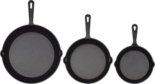 Jim Beam HEA Set of 3 Pre Seasoned Cast Iron Skillets with Even Distribution and Heat Retention-6" 8" 10", 10'', Black,JB0195