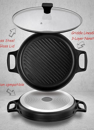 S·KITCHN Cast Aluminum Griddle Pan for Stovetop with Lid - Lighter than Cast Iron Skillet,Round Frying Pans Nonstick Grill Pan Dishwasher & Oven Safe,12IN