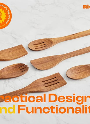 Riveira Teak Wooden Cooking Utensils Set of 6 Premium Quality Non-Toxic Wooden Spoons & Spatula for Cooking, Stirring & Serving