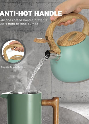 POLIVIAR Tea Kettle, 2.7 Quart Blue Finish with Wood Pattern Handle Loud Whistle Food Grade Stainless Steel Teapot, Anti-Hot Handle and Anti-Rust, Suitable for All Heat Sources JX2025-TB30