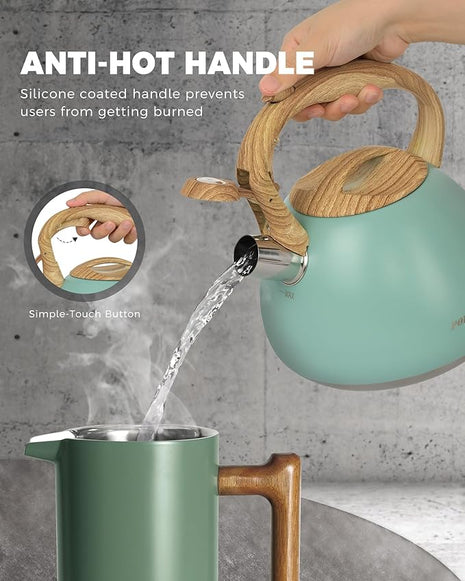 POLIVIAR Tea Kettle, 2.7 Quart Blue Finish with Wood Pattern Handle Loud Whistle Food Grade Stainless Steel Teapot, Anti-Hot Handle and Anti-Rust, Suitable for All Heat Sources JX2025-TB30