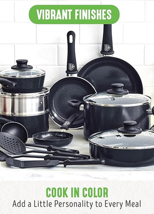 GreenLife 16 Piece Nonstick Cookware Set, Soft Grip Non-Toxic PFAS-Free Ceramic Pots & Pans, Dishwasher & Oven Safe, Frying, Sauce, Saute, Utensils, Glass Lids, Stay-Cool Handles, Wobble Free, Black