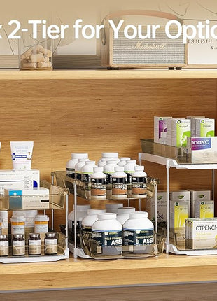 Delamu 2 Pack 3-Tier Bathroom Under Sink Organizers and Storage, Multi-Purpose Stackable Pantry Organization and Storage, Pull Out Clear Kitchen Bathroom Cabinet Organizer with Movable Dividers, Amber