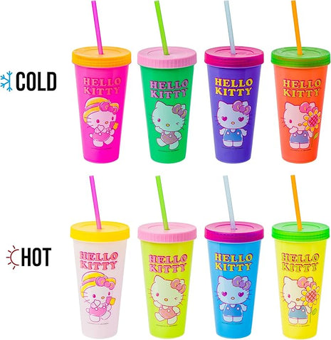 Silver Buffalo Sanrio Hello Kitty Summertime Gardening Color Changing Plastic Tumblers Includes Lid and Straw, 24 Ounces (Pack of 48)