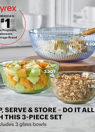 Pyrex Colors Tinted 3-PC, Unlidded Small/Medium/Large Glass Mixing Bowls, Nesting Space Saving Set of Bowls For Prepping and Baking, 1.3QT, 2.3QT & 4.5QT