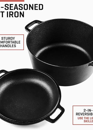 Uno Casa 2-in-1 Cast Iron Dutch Oven Large - 5 Quart Dutch Oven Pot with Lid, Pre-Seasoned Cooking Dish for Bread Baking and Stews - Heavy Duty Cast Iron Pot with Detachable Frying Pan Lid for Versatile Cooking