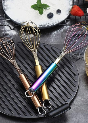 Berglander Colorful Whisks Set - Stainless Steel 8" Gold, 10" Rose Gold, 12" Rainbow Wire Whisks for Cooking