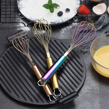 Berglander Colorful Whisks Set - Stainless Steel 8" Gold, 10" Rose Gold, 12" Rainbow Wire Whisks for Cooking