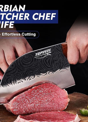 Butcher Knife Set 5PCS, Hand Forged Kitchen Knives Set Serbian Chef Knife Set, Meat Cleaver Boning Carving Knives Set for Home、Camping、BBQ