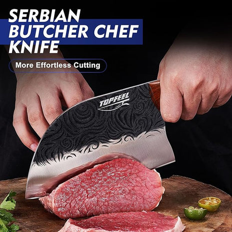 Butcher Knife Set 5PCS, Hand Forged Kitchen Knives Set Serbian Chef Knife Set, Meat Cleaver Boning Carving Knives Set for Home、Camping、BBQ