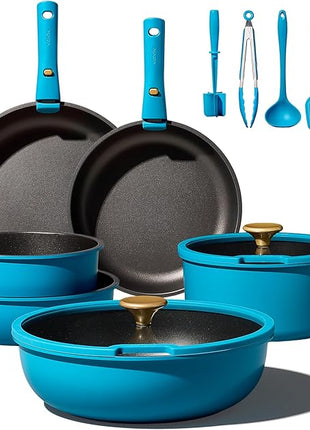 CAROTE 20pcs Pots and Pans Set, Nonstick Cookware Set Detachable Handle, Induction Kitchen Cookware Sets Non Stick with Removable Handle, RV Cookware Set, Peacock Blue