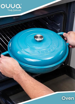 Shallow Cast Iron Casserole with Lid – Non Stick Dutch Oven Pot, Oven Safe up to 500° F – Sturdy Ovenproof Stockpot Cookware – Enamelled Cooking Pot – Blue, 5-Quart, 32cm – by Nuovva