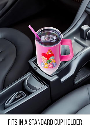 Silver Buffalo Care Bears Watercolor Heart Ombre Stainless Steel Tumbler with Handle and Straw, Fits in Standard Cup Holder, 40 Ounces