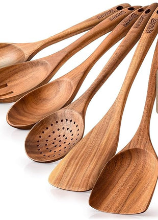 Boxiki Kitchen Luxury Teak Wood Utensil Set - Elegant 6-Piece Cooking Ensemble Including Spoons, Server, Scraper & Spatula - Expertly Crafted for Culinary Excellence