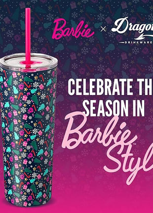 Dragon Glassware x Barbie 24 oz Insulated Stainless Steel Tumbler with Lid and 2 Straws - Festive Holiday Travel Coffee Tumbler Cup to Keep Drinks Hot or Cold, Fits Cup Holders - Christmas Theme