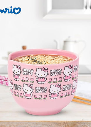 Silver Buffalo Sanrio Hello Kitty Flowers Pattern Ceramic Ramen Noodle Rice Bowl with Chopsticks, Microwave Safe, 20 Ounces