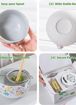TEANAGOO Matcha Whisk Set,7 Pcs Matcha Set White,Ceremony Matcha Kit,Matcha Tea Set for Making Latte,Ceramic Bowl(chawan) whith Spout and Whisk,Gift for Matcha Lovers