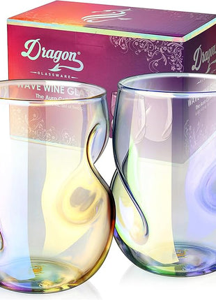 Dragon Glassware Stemless Wine Glasses - 16 oz Stemless Wine Glass Set with Finger Indentations - Set of 2 Iridescent Glassware - Aerates Naturally
