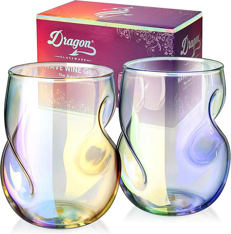 Dragon Glassware Stemless Wine Glasses - 16 oz Stemless Wine Glass Set with Finger Indentations - Set of 2 Iridescent Glassware - Aerates Naturally