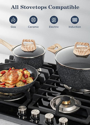 12 Pcs Pots and Pans Set, Nonstick Cookware Sets Black Granite Induction Cookware, Non-toxic Healthy Non Stick Kitchen Cooking Set with Frying Pans Set, Saucepans,Steamer (PFAS, PFOA, PFOS Free)