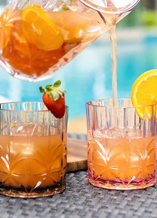 BELLAFORTE Shatterproof Tritan Plastic Short Tumbler, Set of 4, 13oz - Myrtle Beach Unbreakable Crystal Cut Old Fashioned Drinking Glasses for Whiskey - BPA Free - Dishwasher Safe - Pink