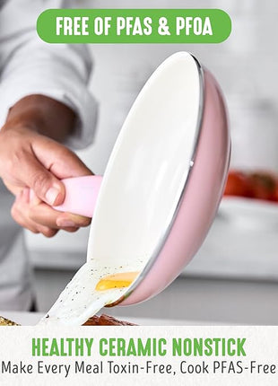 GreenLife Soft Grip Healthy Ceramic Nonstick 18 Piece Kitchen Cookware Pots and Frying Sauce Saute Pans Set, PFAS-Free with Kitchen Utensils and Lid, Dishwasher Safe, Soft Pink