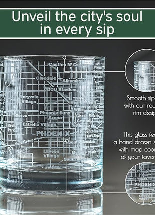 Greenline Goods Whiskey Glasses - 10 Oz Tumbler Gift Set for Phoenix lovers, Etched with Phoenix Map Old Fashioned Rocks Glass - Set of 2
