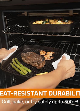 Bruntmor 2-in-1 Pre-Seasoned Cast Iron Dutch Oven with Grill Pan Lid and Handles - 11 Inch Non Stick Square Cast Iron Skillets for Braising, Grilling, and Frying - Heat-Resistant to Oven and Stovetop