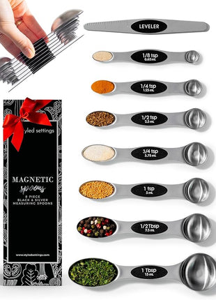 Stanless Steel Magnetic Measuring Spoons Set with Leveler - 8-Piece Heavy Duty Metal, Dual Sided, Stackable, BPA Free, Stainless Steel Measuring Spoons for Dry & Liquid Ingredient - Fits in Spice Jars