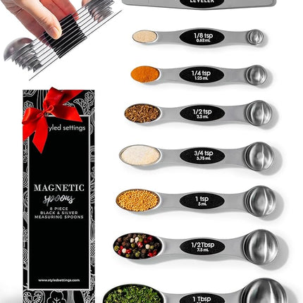 Stanless Steel Magnetic Measuring Spoons Set with Leveler - 8-Piece Heavy Duty Metal, Dual Sided, Stackable, BPA Free, Stainless Steel Measuring Spoons for Dry & Liquid Ingredient - Fits in Spice Jars