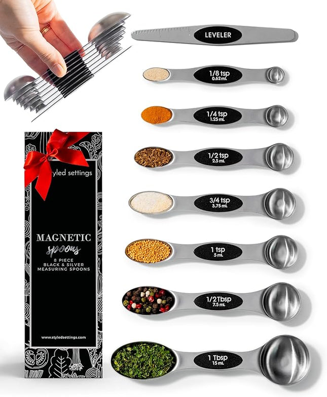 Stanless Steel Magnetic Measuring Spoons Set with Leveler - 8-Piece Heavy Duty Metal, Dual Sided, Stackable, BPA Free, Stainless Steel Measuring Spoons for Dry & Liquid Ingredient - Fits in Spice Jars