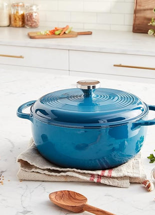 Lodge 4.5 Quart Enameled Cast Iron Dutch Oven with Lid – Dual Handles – Oven Safe up to 500° F or on Stovetop - Use to Marinate, Cook, Bake, Refrigerate and Serve – Cornflower Blue